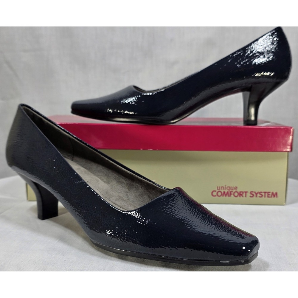 A2 Aerosoles Imperial Navy Blue Patent Square Toe‎ Kitten Heel Pumps Womens 9W